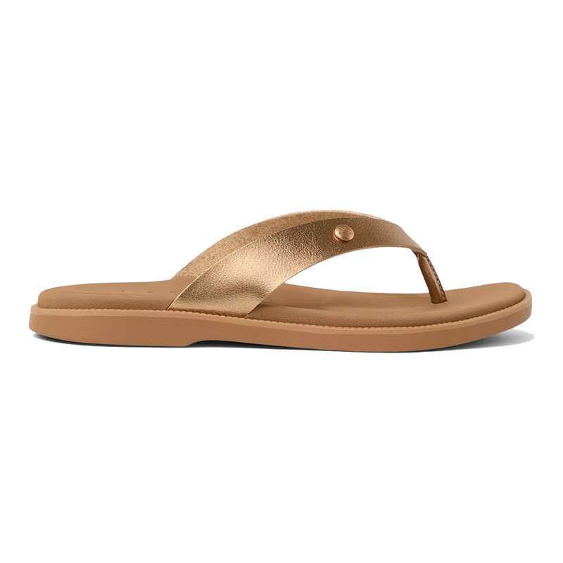 Reef Women's Sunny Farrah Flip Flop, stylish gold metallic thong sandal with cushioned sole for comfort.