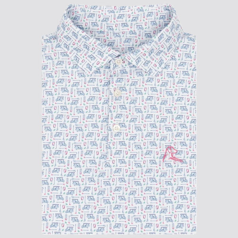 Rhoback Men's The Bev Cart 2.0 Performance Polo, white shirt with a playful print of golf clubs, golf balls, and beverage cups in blue, red, and green, with pink embroidered logo.