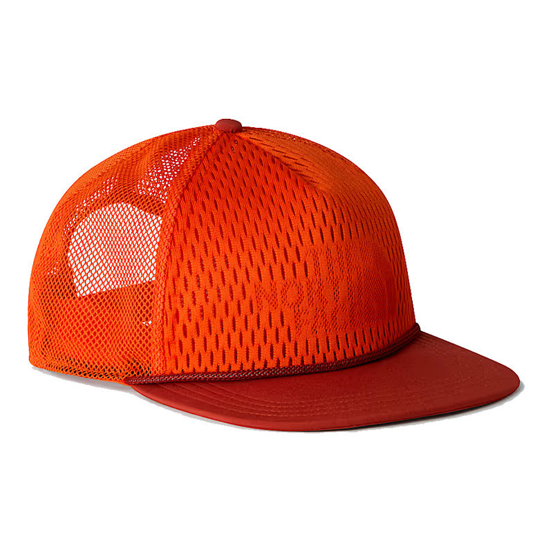 The North Face Runner Trucker, orange mesh snapback cap with a curved brim and adjustable back strap.
