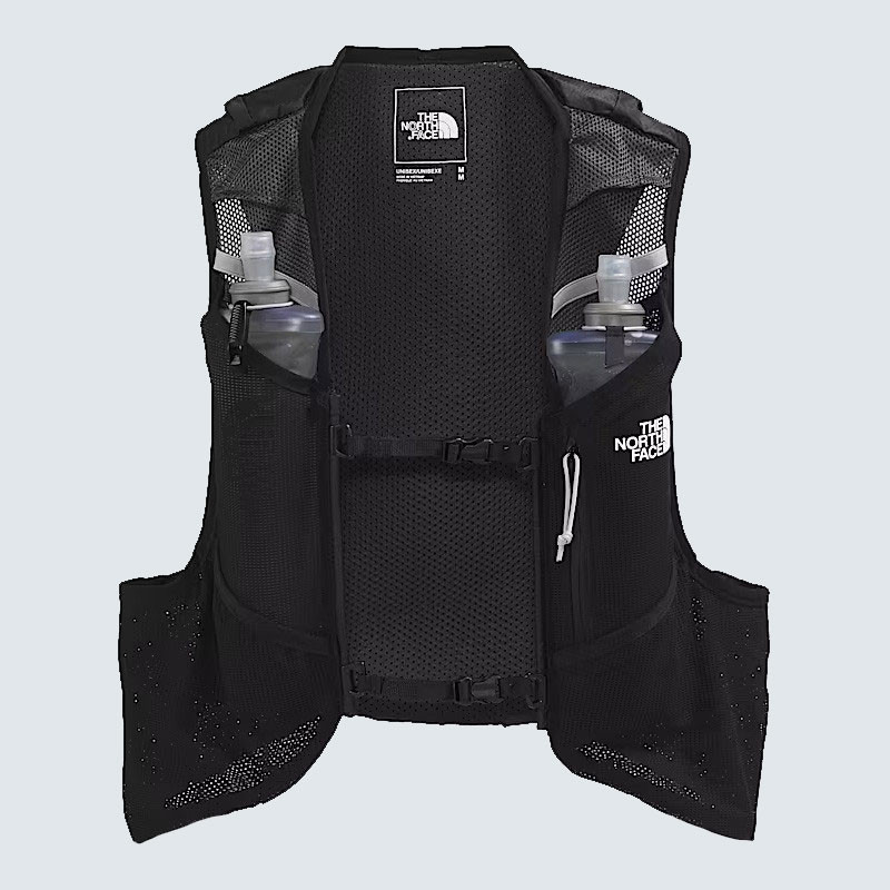 The North Face Sunriser Run Vest 8, black lightweight running vest with water bottle holders and adjustable straps for hydration and comfort.