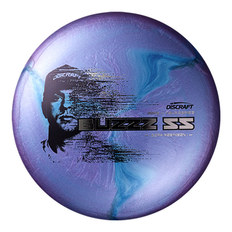 Discraft Disc Golf Discraft 2026 Ezra Robinson Tour Series Buzzz SS, colorful disc golf disc with a portrait of Ezra Robinson and swirling purple and blue design.