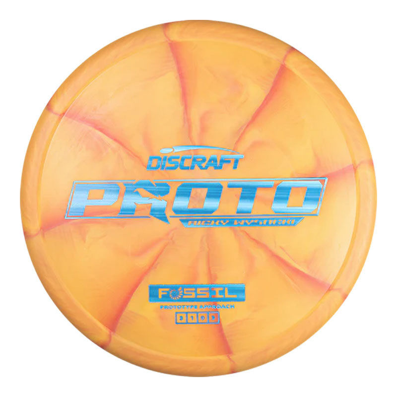 Discraft Ricky Wysocki Prototype Fossil disc golf disc, yellow and orange with blue branding and design.