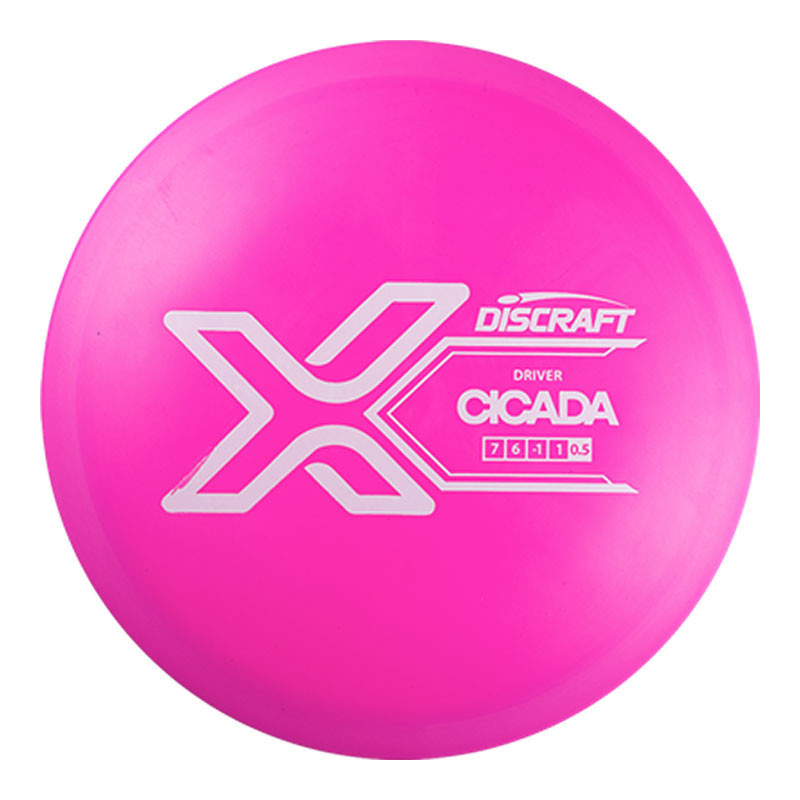Discraft X Line Cicada, pink disc golf disc with white logo and text.