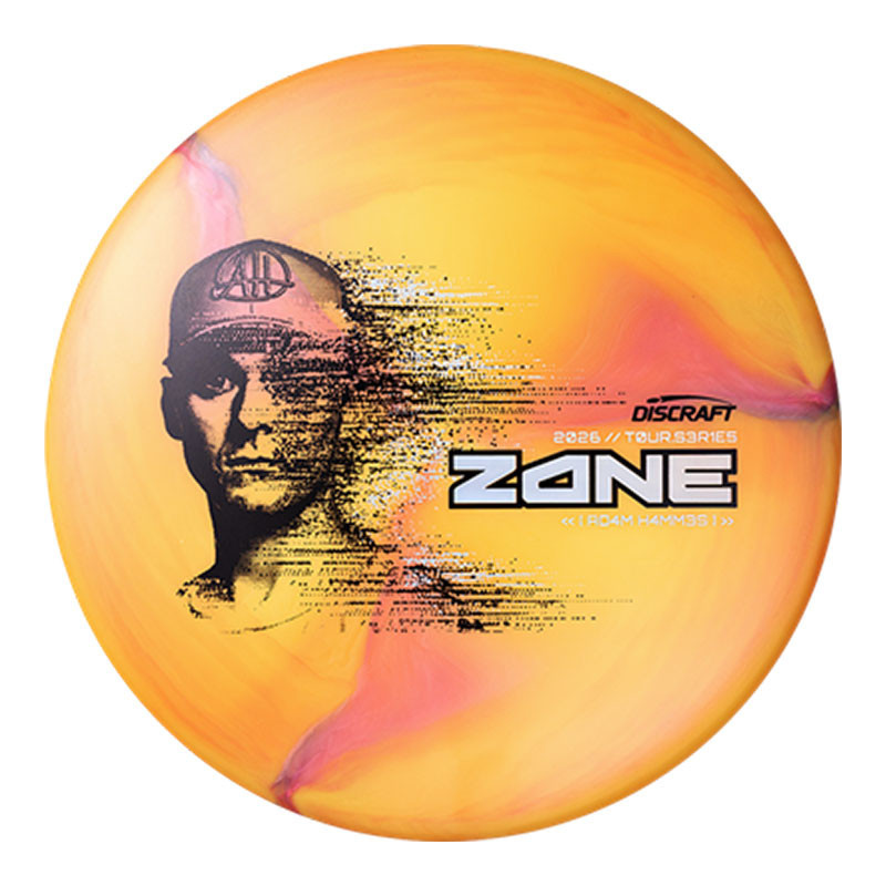 Discraft Disc Golf Discraft 2026 Adam Hammes Tour Series Zone, lightweight disc golf disc with vibrant orange and pink swirl design and a portrait of Adam Hammes on the top.
