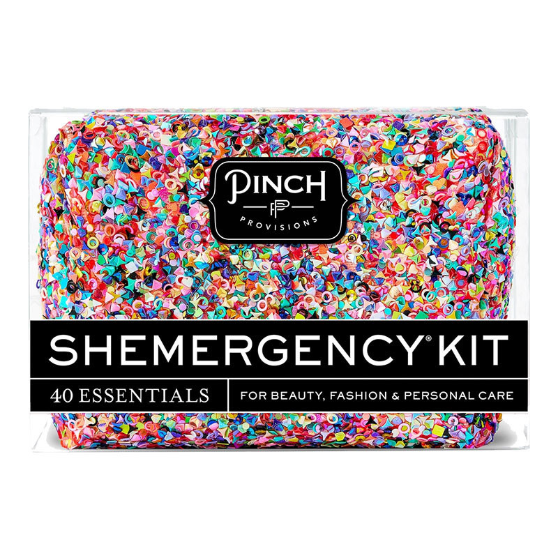 Pinch Provisions Shemergency Kit, compact beauty, fashion, and personal care essentials in colorful confetti design packaging.
