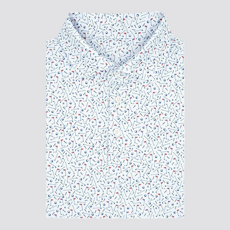 Rhoback Men's The Mulligan USA Performance Polo, men's white performance polo shirt with a colorful golf-themed geometric pattern.