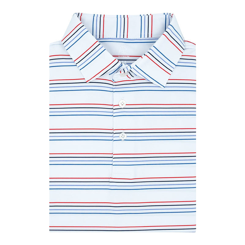 Rhoback Men's The Ivy Stripe Performance Polo, white polo shirt with red and blue horizontal stripe pattern and collared neckline.