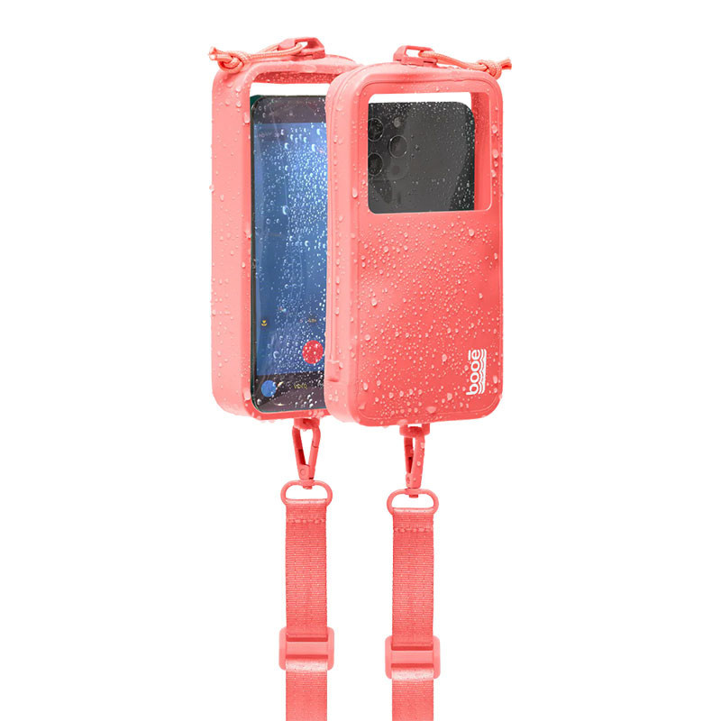 Booe BOOE Waterproof Phone Case, pink waterproof phone case with transparent window and adjustable strap for securing smartphones during water activities.