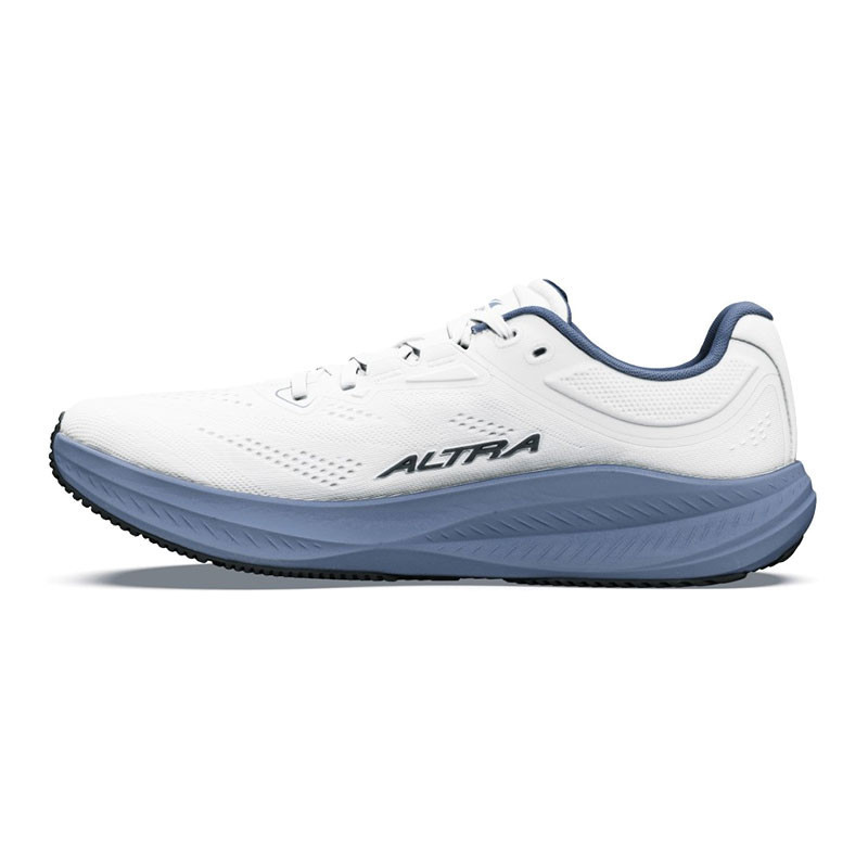 Altra Men's Torin 9, a white running shoe with a blue sole and the Altra logo on the side.