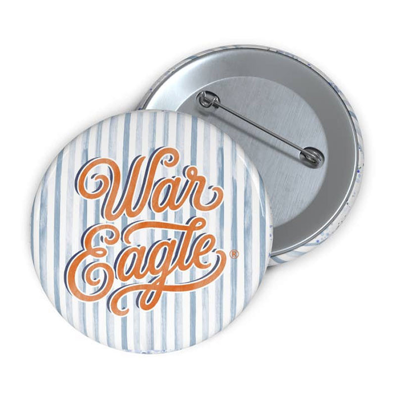 Gracefully Made Art Auburn Striped War Eagle Game Day Button, round button with striped blue and white background and orange lettering that says 'War Eagle' for Auburn University fans.