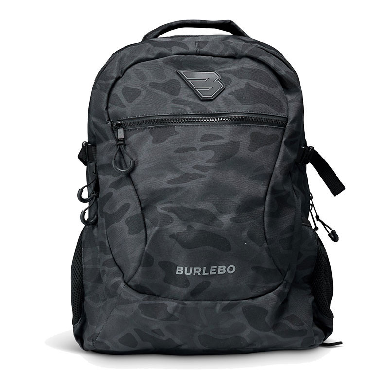 Burlebo Camo Backpack, black and gray camouflage pattern with multiple compartments and side mesh pockets.