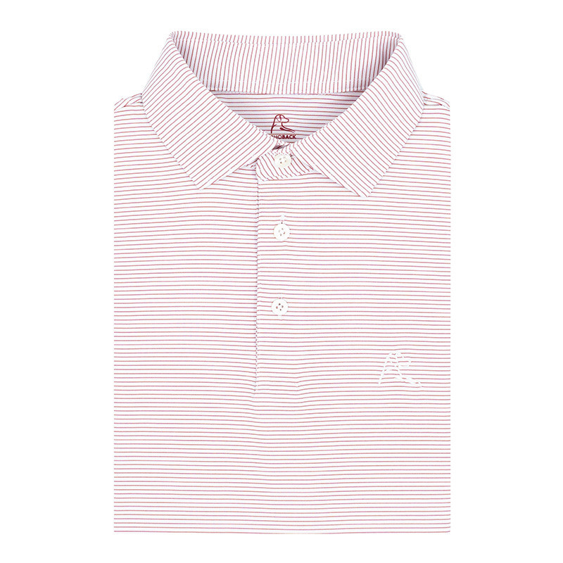 Rhoback Men's The Shell Stripe Performance Polo, white and red striped polo shirt with a classic collar and button-up front.