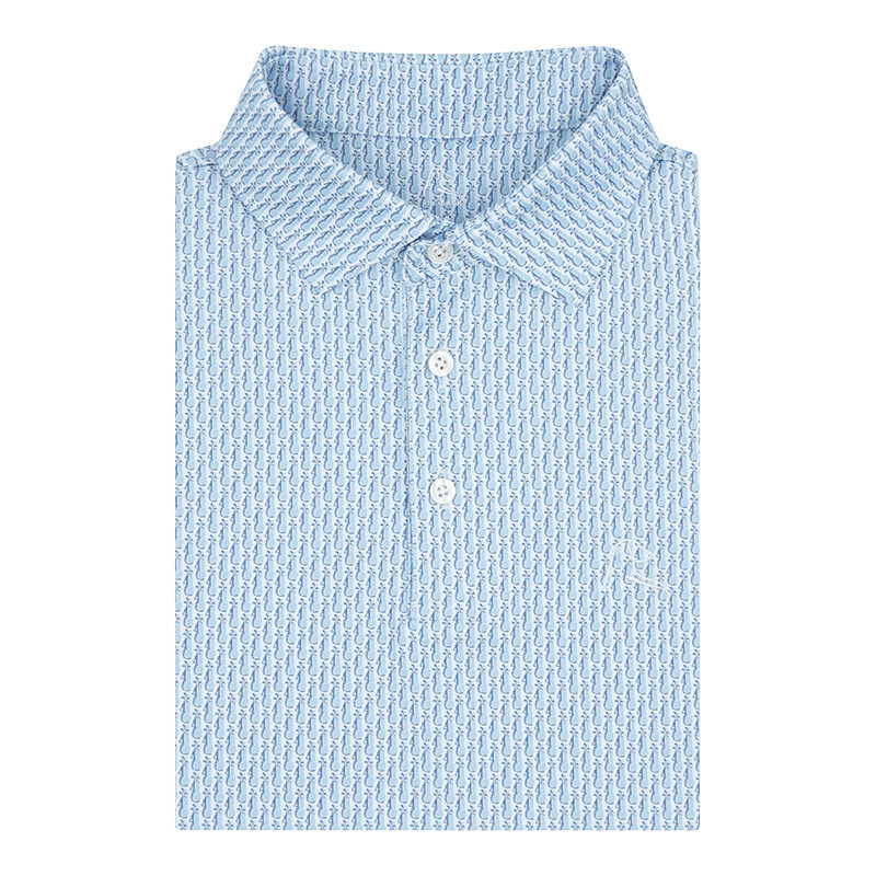 Rhoback Men's The Sticks 2.0 Performance Polo, light blue button-up polo shirt with a small pattern of sticks design.