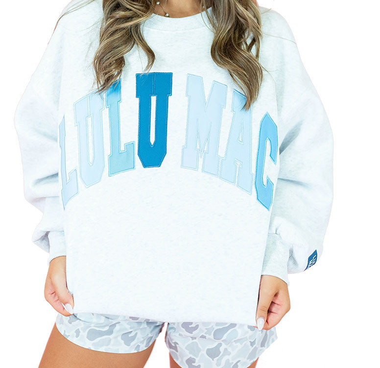 Lulu Mac Women's Multi-Stitch Sweatshirt, white oversized sweatshirt with large blue embroidered 'LULU MAC' lettering across the front.