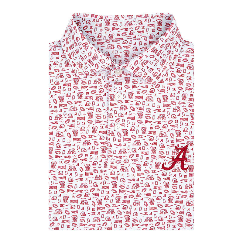 Rhoback Men's Alabama Gameday 2.0 Performance Polo, white shirt with red game-related patterns and a large Alabama 'A' logo embroidered on the lower right side.