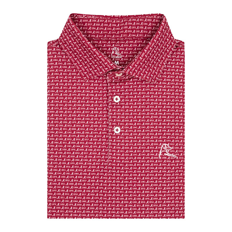Rhoback Men's Alabama National Titles Performance Polo, red short-sleeve polo shirt with a white all-over print of Alabama national championship years, three-button placket, and embroidered logo.