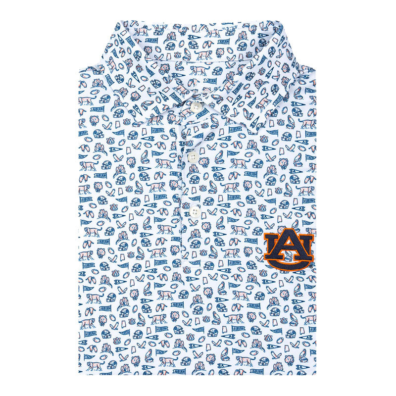Rhoback Men's Auburn Gameday 2.0 Performance Polo, white shirt with Auburn Tigers themed print and orange Auburn logo.