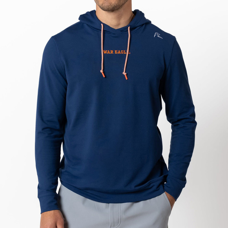 Rhoback Men's Hesi Collegiate War Eagle Hoodie - Auburn, a man wearing a blue hoodie with orange text and a small logo on the chest.