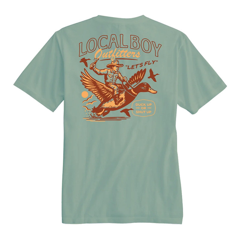 Local Boy Men's Duck Up SS Tee, light blue short-sleeve men's t-shirt with graphic print of a man riding a duck with the text 'LET'S FLY' and 'Duck Up or Shut Up'.