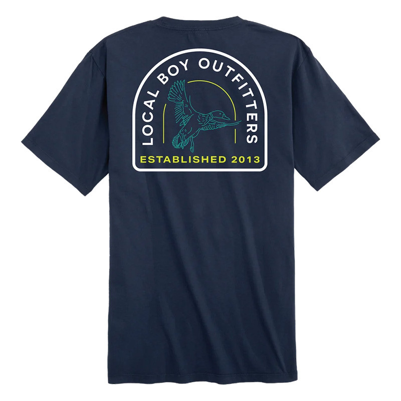 Local Boy Men's In Flight SS Tee, navy blue t-shirt with a graphic of a flying bird and circular logo design.