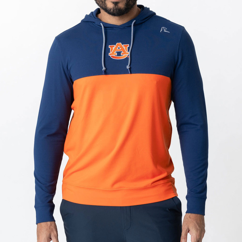 Rhoback Hesi Collegiate Hoodie - Auburn Colorblock, men's hoodie with Auburn University logo, blue and orange colorblock design, drawstring hood, athletic fit, casual sportswear.