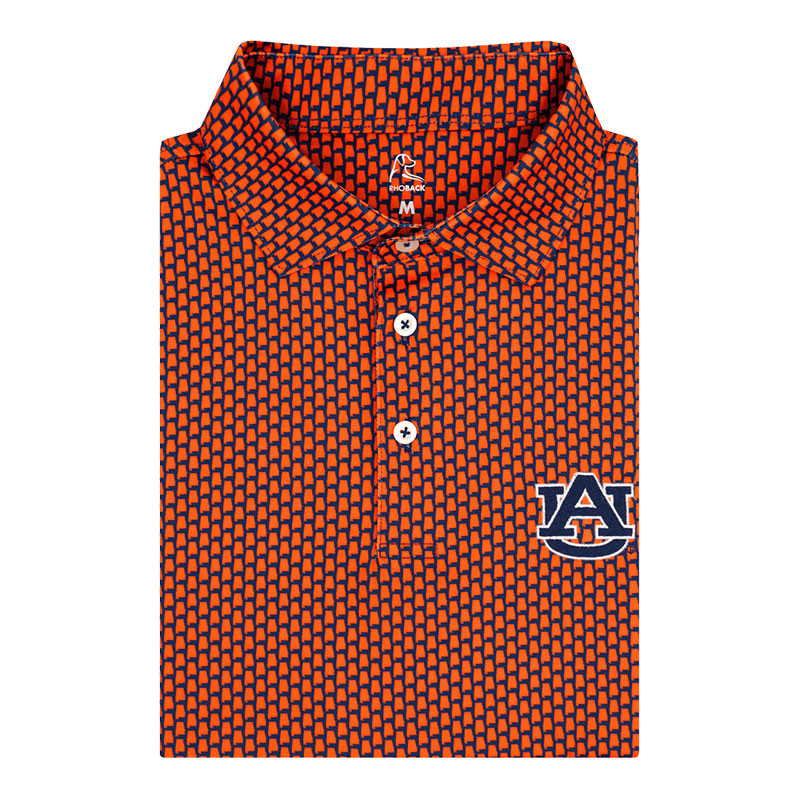 Rhoback Men's The Auburn Home State Collegiate Polo, folded orange and navy patterned polo shirt with Auburn University logo embroidered on the chest.