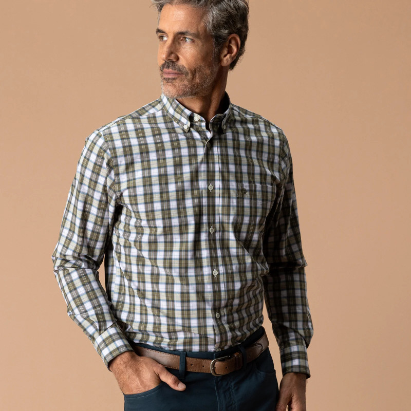 Duck Head Men's Aldridge Plaid Poplin Sport Shirt, model wearing a green, blue, and white plaid button-down shirt with a button-down collar and chest pocket.