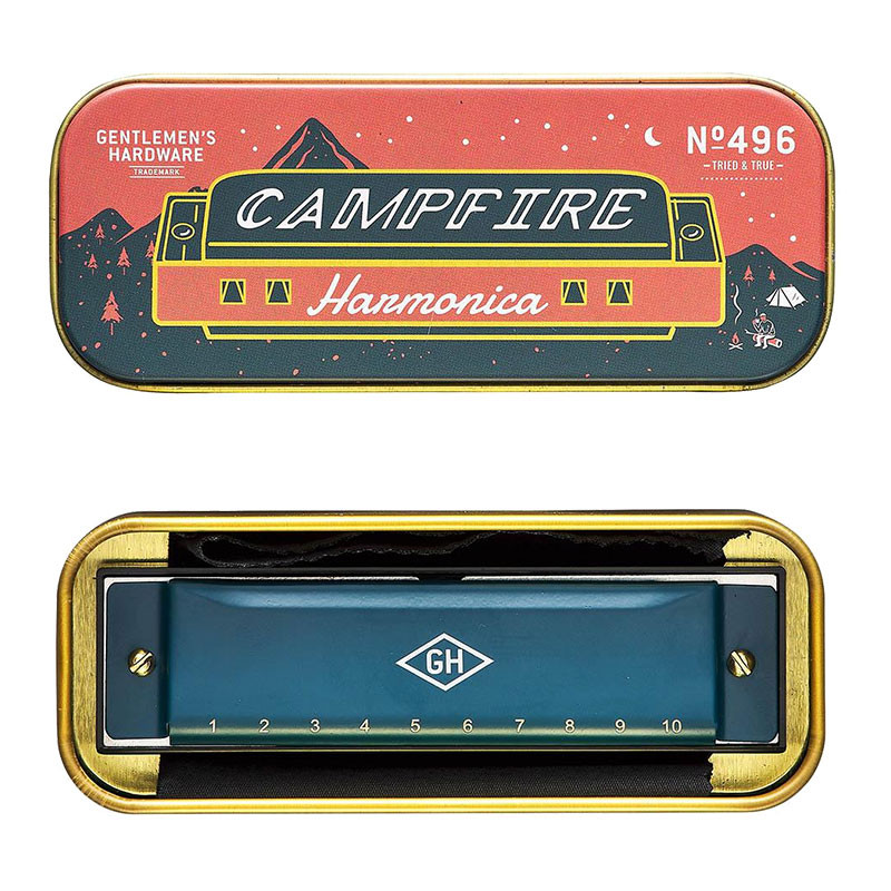Gentlemen's Hardware Campfire Harmonica, blue 10-hole harmonica shown with its illustrated red-and-teal camping-themed metal storage tin.