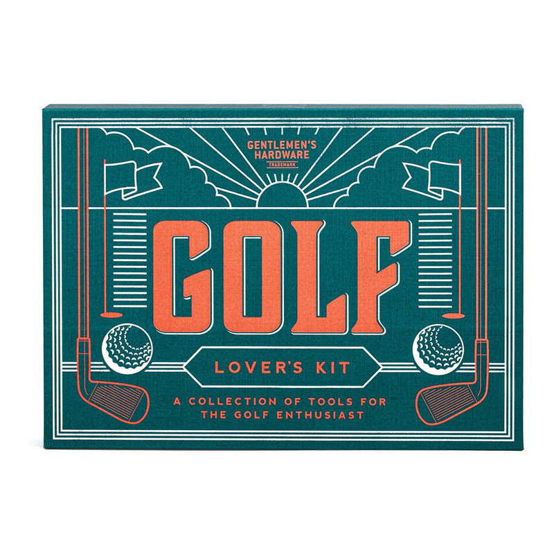 Gentlemen's Hardware Golf Kit, teal gift box with orange and white vintage golf graphics, golf clubs, golf balls, and “Golf Lover’s Kit” lettering.
