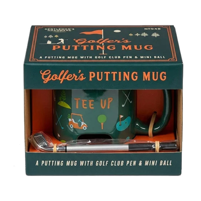 Gentlemen's Hardware Golf Putting Mug, green golf-themed ceramic mug in a gift box with a golf club pen and mini ball