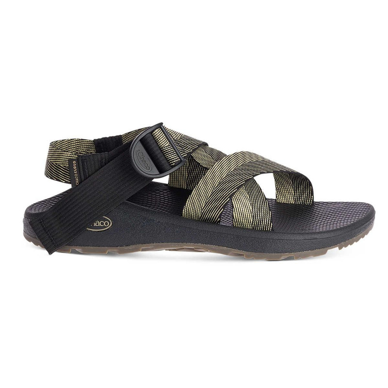 Chaco Men's Mega Z Cloud Sandals, close-up view of black and tan outdoor sandals with adjustable straps and cushioned soles.