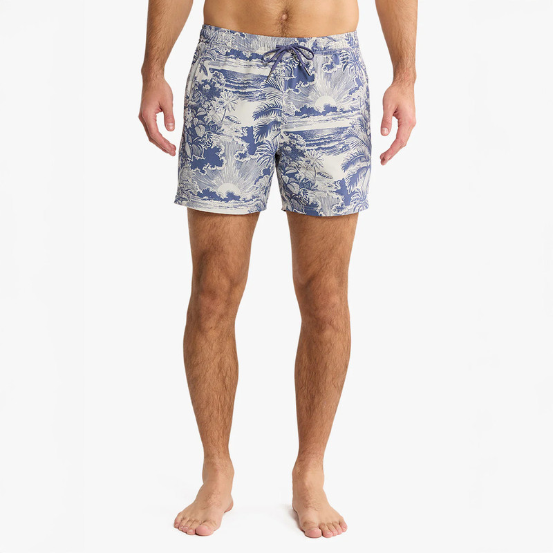 Fair Harbor Men's The Bungalow Short, men's patterned swim shorts with a blue and white tropical and sunset design, drawstring waist, ideal for beachwear or casual summer outings.
