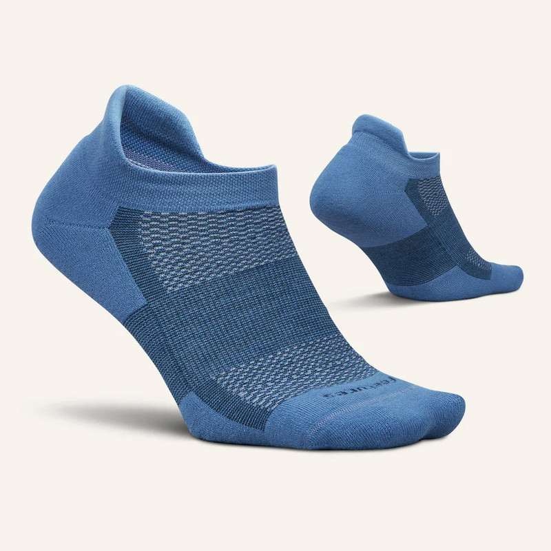 Feetures High Performance Ultra Light No Show Tab, pair of blue no-show athletic socks with seamless construction and breathable fabric for running and sports.