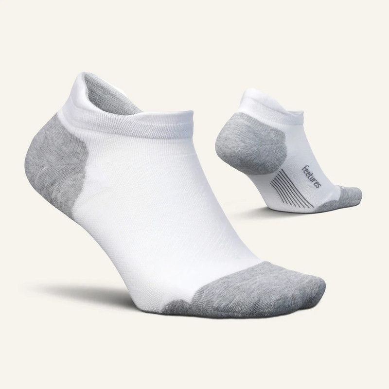 Feetures! Elite Max Cushion No Show Tab socks, white with gray accents, cushioned no show ankle socks designed for comfort and performance.