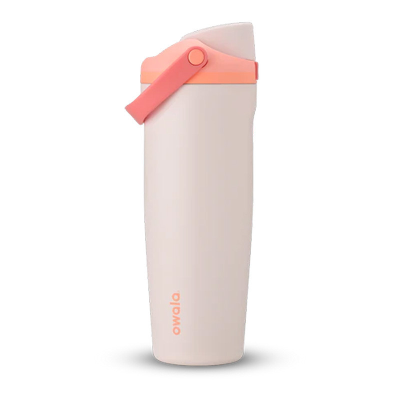 Owala Freesip Sway 30oz, sleek pink and white insulated water bottle with a flip-top lid and straw
