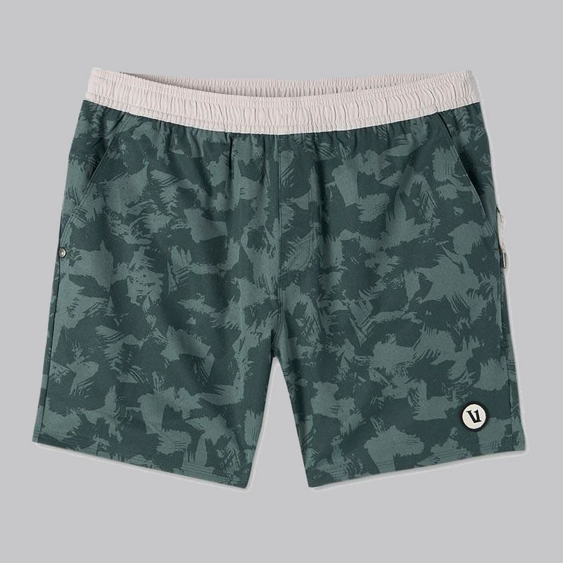 Vuori Men's Maverick Volley Short, green camouflage pattern with a white elastic waistband and logo patch on the left leg.