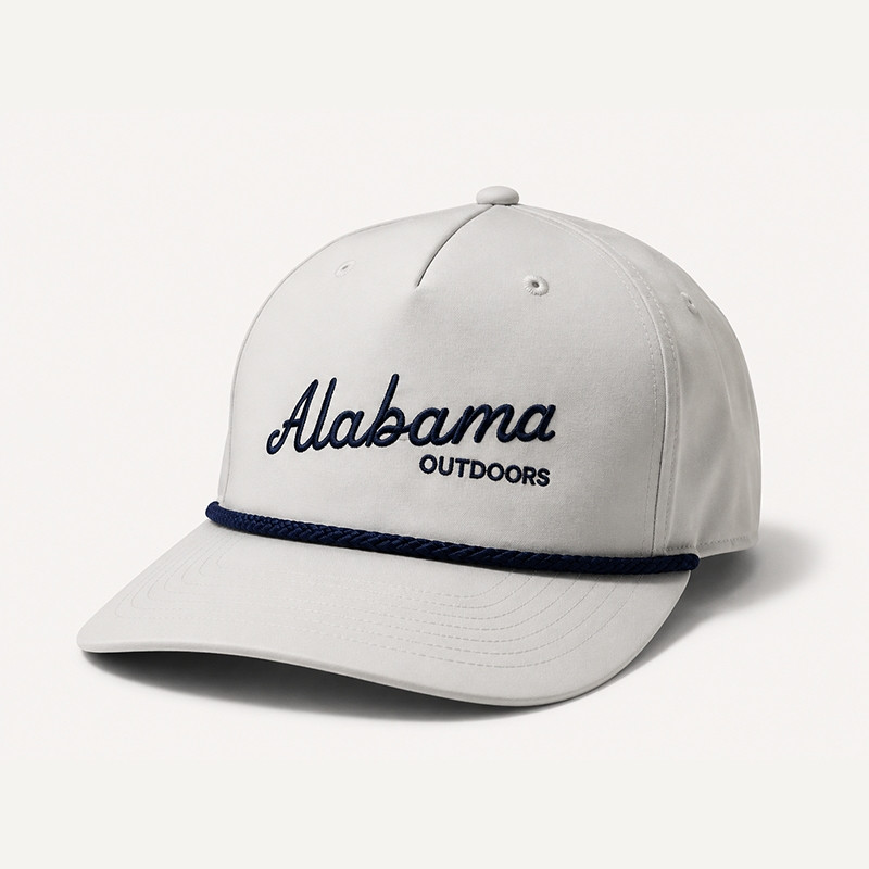 Alabama Outdoors Apparel Alabama Outdoors Bunker 5 Panel Classic Rope Hat, a white cap with embroidered navy text and a navy rope accent on the brim.