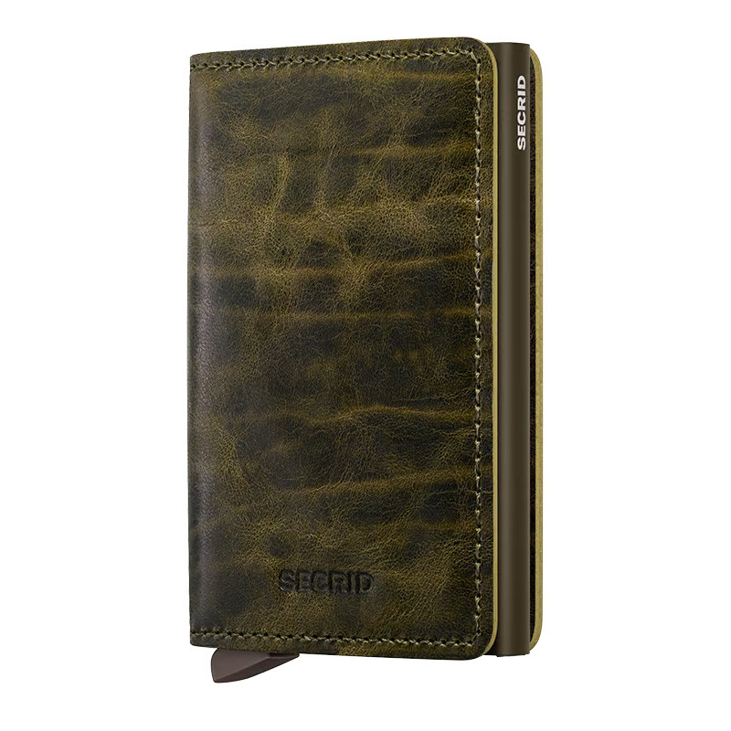 SECRID Secrid Slimwallet Dutch Martin, a stylish leather wallet with a textured dark green finish, compact design, and metallic card slide for easy access.