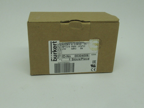 Burkert 00304006 Solenoid Valve NPT 3/8 Max 145Psi 24V 60Hz 8W NEW