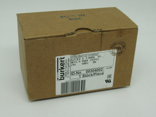 Burkert 00304002 Solenoid Valve 1/4" NPT 145Psi 24V 60Hz 8W NEW