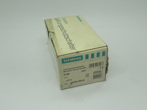Siemens 5SX6363-8 Circuit Breaker D63 3-Pole 63A 400V 2-Pack NEW