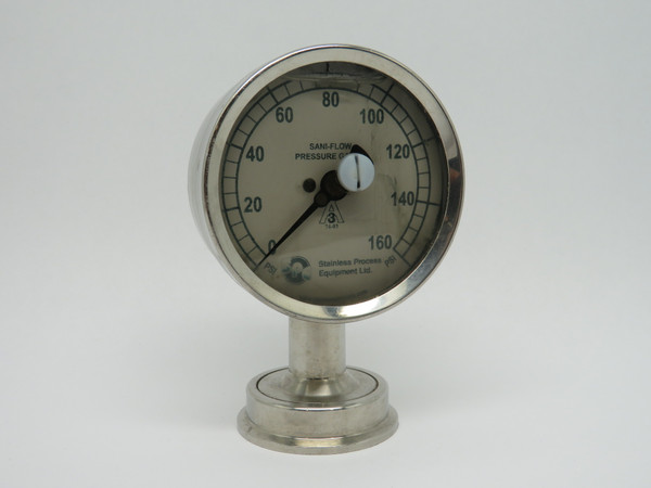 SPE 3S-E-2U-GF-BT-SS Sani-Flow SS Pressure Gauge 0-160psi 3.5" Diam USED