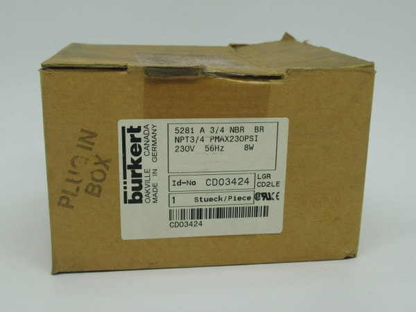 Burkert CD03424 Solenoid Valve 3/4 230V 56Hz 8W Max 230 psi NEW