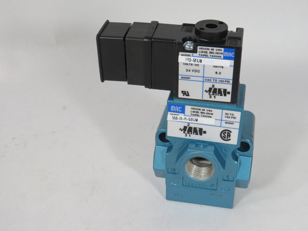 Mac 55B-11-PI-501JM 3Way Solenoid Valve 24DC@6W 150 PSI 1/4" NPTF SHELF WEAR NOP