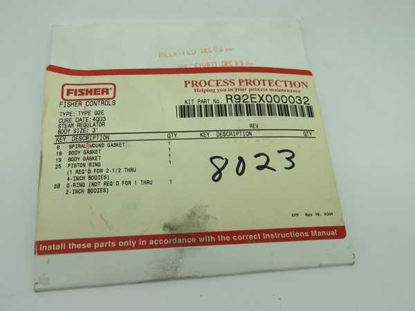 Fisher R92EX000032 92S Main Valve Repair Kit NPS 3/DN80 NEW