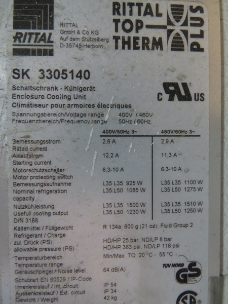 Rittal SK3305140 Wall Mounted Cooling Unit 400/460V 50/60Hz 2.6/2.9A 3Ph USED