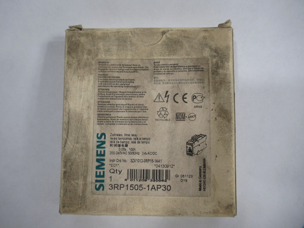 Siemens 3RP1505-1AP30 Time Relay 0.05s-100h 200-240VAC 50/60Hz 24VAC/DC NEW