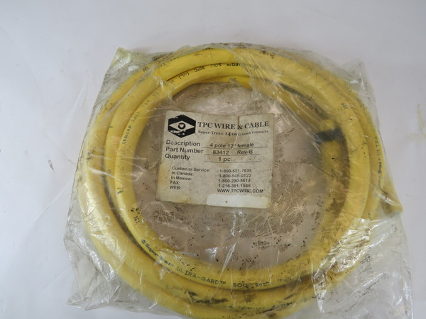 TPC Wire & Cable 83412 4 Pole Female Cordset 12' Length OPEN/DIRTY NWB