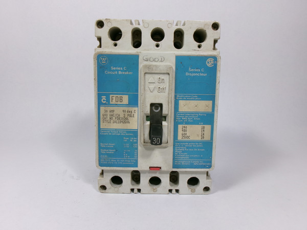 Westinghouse FDB3030L Series C Circuit Breaker 30A 600VAC 3-Pole 1A11842G06 USED