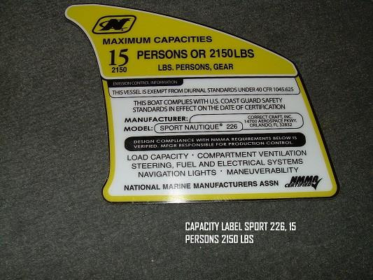 CAPACITY LABEL SPORT 226 15 PERSONS 2150 LBS - Nautiqueparts.com